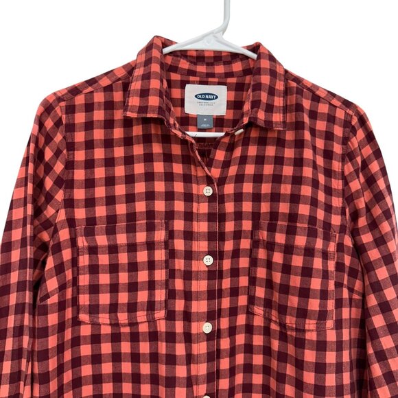 Old Navy Womens SZ M Marron/Coral Checkered Light Flannel Button-Down Shirt - Picture 8 of 12